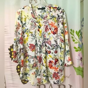 NWOT~August Silk Size Med~Floral Print Blouse 3/4 Sleeve V Neck Semi Sheer $69